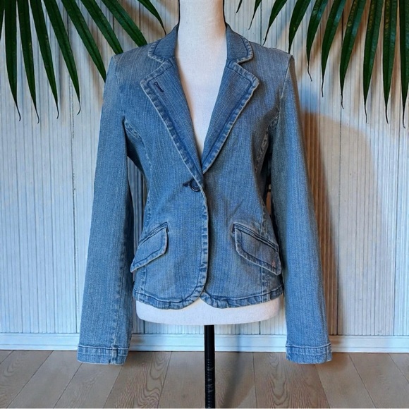 Y2K AMERICAN EAGLE Denim Blazer Size Med Custom Dragon Art Vintage 2000s Jacket - Picture 3 of 14